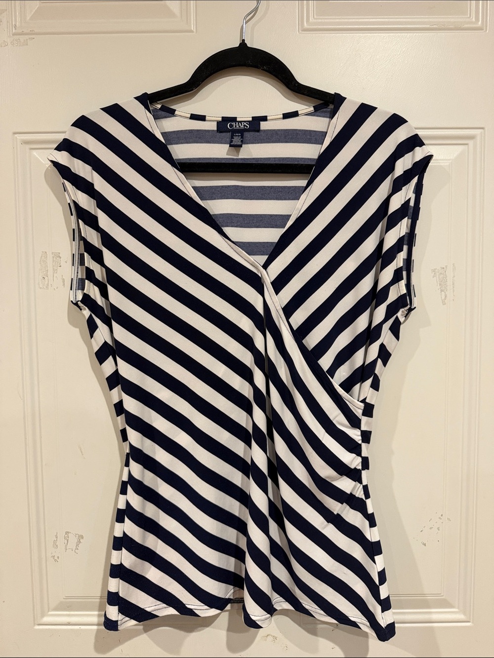 Chaps Navy & White Diagonal Striped Wrap-Style Tee